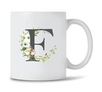 Seriously Frank Tasse à café personnalisée avec initiale florale, texte gris, lettres de l'alphabet A-Z décorées avec des fleurs (initiale F)