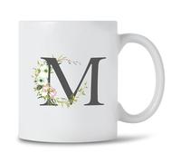 Seriously Frank Tasse à café personnalisée avec initiale florale, texte gris, lettres de l'alphabet A-Z décorées avec des fleurs (initiale M)