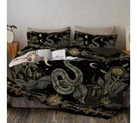 Serpent De Lune Floral Housse De Couette avec Fermeture éclair 200 x 200 cm, Doux Housse De Couette Style Bohème Rétro avec 2 Taies d'oreiller, Or