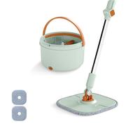 Serpillère COSTWAY avec Seau et 2 Lingettes Lavables Réutilisable, Rotative à 360°avec Essoreuse, Fonction Lavage et Séchage Vert