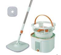 Serpillère COSTWAY avec Seau et 2 Tampons Réutilisables, Balai Rotative à 360°avec Essoreuse, Fonction Lavage et Séchage