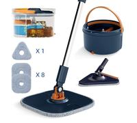 Serpillère COSTWAY avec Seau et 9 Tampons, Balai Rotative à 360°avec Essoreuse, Fonction Lavage et Séchage Bleu