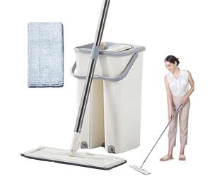 Serpillère et Seau avec essoreuse | Balai Plat à Presser | Ensemble Balai à Franges sans pour Sol Plat et Seau, serpillère Humide et sèche, serpillère et Seau essoreur, Balai Plat avec