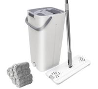 Serpillère Plate et Seau avec Essoreur, Serpillère Balai à Plat et 8 Tampons Réutilisables, Utilisation Humide et Sèche Ensemble Balai et Seau - Système de Nettoyage de Sol Mains Libre