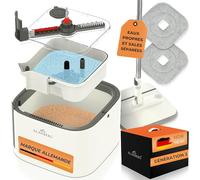 Serpillière et Seau Essoreur - Gén 2 - Système à 2 Compartiments avec Réservoir Amovible, Mop Plat Auto-essorable 360° avec Rouleau Ramasse-Poils et 2 Tampons Microfibre, Blanc - ALANBERG®