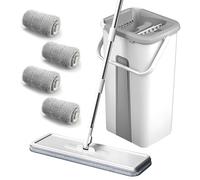 Serpillière Seau Essoreur, Balai Serpillère Essoreur avec Seau, Balai Plat Rotatif 360° avec Poignée, Mop Serpillere et 4 Tampons Microfibre Réutilisables pour Nettoyage de Sol