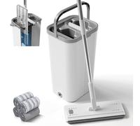 Serpillière Seau Essoreur, Masthome Balai Serpillère Microfibre avec 4 Tampons, Balai Plat Rotatif 360° Serpillère Essoreur pour Nettoyage de Sol