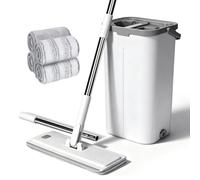 Serpillière Seau Essoreur, Masthome Serpillère Microfibre Plat avec Manche INOX, Balai Plat Rotative 360° avec 4 Serpillères Réutilisables, Balai Serpillière pour Nettoyage Tous Types de Sols