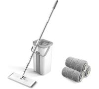 Serpillière Seau Essoreur, Serpillère Microfibre Plat avec Manche INOX, Balai Plat Rotative 360° avec 3 Serpillères Réutilis