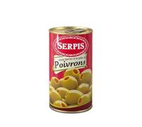 SERPIS - Olives Vertes Farcies à la Pâte de Poivrons - Prêtes à Déguster - Spécialité Espagnole - la boîte de 150 g net égoutté - 350g - Le Lot De 4