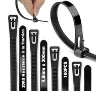 Serre Cable Serflex Noir Réutilisable,100Pièces 300mmx4,8mm Collier de Serrage, Attache Câble Durable Résistant au UV, Zip Ties Pour Cable Management, Jardinage, Atelier, Installation électrique