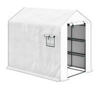 Outsunny Serre de Jardin PE avec étagères 3 Niveaux, Serre d'extérieur avec bâche renforcée 135 g/m² Anti-UV, châssis en Acier, Portes zippées enroulables et fenêtres en Maille, 143x215x190cm, Blanc