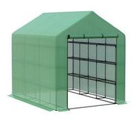 Outsunny Serre de jardin PE avec étagères 4 niveaux, 4,39 m², serre de balcon bâche renforcée 140 g/m², châssis en acier, porte zippée enroulable, pour légumes plantes fleurs, 244 x 180 x 210 cm, vert