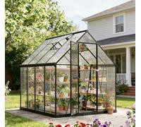 Serre de jardin en polycarbonate de 1,8 x 3 m, grande serre de jardin noire améliorée avec aération de toit réglable, porte verrouillable, cadre en aluminium amélioré anti-tempête-neige, maison de