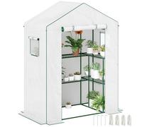 Serre de jardin 6 tablettes dim. 1,4L x 0,73l x 1,9H m porte déroulante fenêtres acier PE haute densité blanc