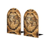 Serre-livres en bois avec base en métal - Motif carte du monde antique - Pour livres lourds