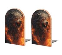 Serre-livres en bois avec base en métal - Motif loup sauvage dans le feu - Serre-livres lourds pour étagères, livres lourds - Organisateur de livres pour la maison et le bureau