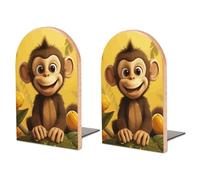 Serre-livres en bois robuste pour étagères - Motif animal mignon et amusant - Singe banane - Support antidérapant pour bureau, maison, bibliothèque - Cadeau