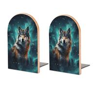 Serre-livres loup sous le ciel étoilé en bois avec base en métal pour étagères, bloqueur de livres pour livres lourds, organisateur de livres pour fournitures de bureau à domicile