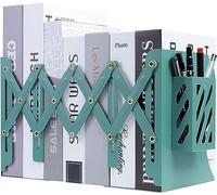 Serre-Livres Réglable en Métal, Décoratif Réglable en Métal Livre en Métal Étagère Organisateur Serre-Livres avec Porte-Stylo pour la Maison, Le Bureau, l'école, la bibliothèque, Vert