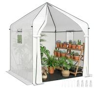 Serre Outsunny 160 x 160 x 200 cm pour l'extérieur avec cadre en acier renforcé et couverture en PE, grande serre avec porte enroulable et 3 fenêtres en filet, avec couverture de sol en PE, blanche