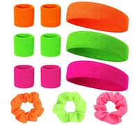Serre Poignet Fluo Annees 80 12 Pièces Set 6 Pièces Bracelet Fluo 3 Pièces Bandeau et 3 élastiques à Cheveux Fluo Fluo Rétro Accessoires Fête pour Femmes Hommes 3 Couleurs Rose Vert Orange