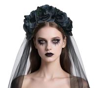 Serre-tête à fleurs de rose avec voile noir pour Halloween, couronne de fleurs, couronne, cadavre, costume de mariée, accessoire de cosplay, tatouages temporaires pour fête gothique, funéraire