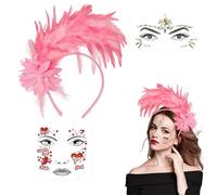 Serre-tête à plumes - Autocollant pour le visage - Bibi des années 1920 - Pour femme - Bandeau avec fleurs artificielles - Pour carnaval, cocktail, mariage, thé (rose)