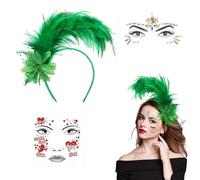 Serre-tête à plumes - Autocollant pour le visage - Bibi des années 1920 - Pour femme - Bandeau avec fleurs artificielles - Pour carnaval, cocktail, mariage, thé (vert)