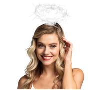 Serre-tête Auréole d'Ange - Boland - Satin Blanc - Plumes Blanches - Filaments Argentés