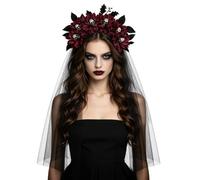 Serre Tête Couronne Fleurs avec Voile d’Halloween Bandeau Cheveux Tête Mort | Serre-tête de Cheveux Jour des Morts Guirlande Vintage Accessoires de Coiffure Gothique pour Déguisement Carnaval Mariage