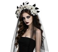 Serre Tête Couronne Fleurs avec Voile d’Halloween Bandeau Cheveux Tête Mort | Serre-tête de Cheveux Jour des Morts Guirlande Vintage Accessoires de Coiffure Gothique pour Déguisement Carnaval Mariage
