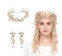 Serre-tête de déesse romaine - Costume de fée pour femme - 2 bandeaux en feuille dorée - Couronne de laurier et boucles d'oreilles - Costume de fée de la forêt - Pour le carnaval, le cosplay et les