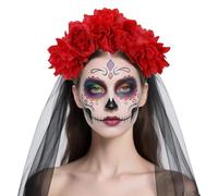 Serre-tête de rose avec voile noir pour Halloween, couronne de fleurs, couronne, cadavre, accessoire de cosplay, tatouages temporaires pour fête gothique, funéraire, carnaval, 4 pièces