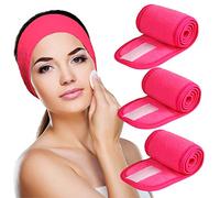Serre-tête de spa visage 3 points réglable avec ruban magique pour maquillage et sport (rose rouge)