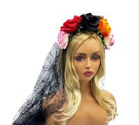 Serre-tête effrayant lumineux à LED en forme de fleur et de crâne pour Halloween, fête de mariage, bandeau pour femme avec voile noir