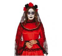FIESTAS GUIRCA Serre-tête fleurs noires et rouges avec voile
