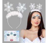Serre-tête Flocon de Neige Bandeau de Cheveux en Peluche Noël d'hiver + Autocollant Visage Paillette Flocon de Neige pour Femme Fille Carnaval Halloween Fête à Thème Cosplay Noël