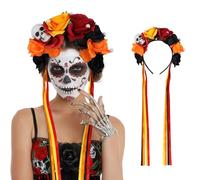 Serre-tête floral Jour des morts - Tête de mort mexicaine et rose pour fêtes Cinco de Mayo Frieda Kahlo Halloween Costume Jour des morts Fête Travail sur le thème de la Coco