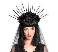 Serre-tête halo gothique à fleurs pour Halloween, voile noir, fantôme, mariée, rose, déesse, voile long, cosplay, mariage, accessoire pour cheveux pour femme