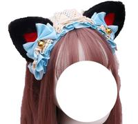 Serre-tête Lolita en dentelle avec oreilles de chat en fausse fourrure, serre-tête renard et loup, épingle à cheveux tendance for cosplay(Black Blue)