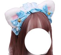 Serre-tête Lolita en dentelle avec oreilles de chat en fausse fourrure, serre-tête renard et loup, épingle à cheveux tendance for cosplay(White Blue)