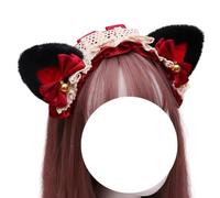 Serre-tête Lolita en dentelle avec oreilles de chat en fausse fourrure, serre-tête renard et loup, épingle à cheveux tendance for cosplay(Black Red)