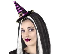 Serre-tête mini chapeau de sorcière rayé noir et violet adulte