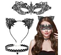 Serre tete Oreille de Chat et Masque Catwoman, 3 pièces Catwoman Masque Masque Dentelle Noir Ensembles Accessoire de Déguisement Chat Sexy Oreille de Chat Accessoires pour Chat Femme