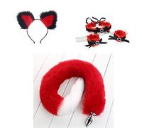 Serre-tête oreilles de chat, queue de renard poilu rouge-blanc Pl-úg An-àl, menottes au cou ensemble Costume Cosplay accessoires de rythme cardiaque Halloween (78 cm, S)