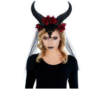 Chaks - Coiffe de reine maléfique, accessoire gothique, Halloween | Serre-tête noir avec cornes et roses, accessoire de costume gothique pour Halloween, le carnaval et le cosplay