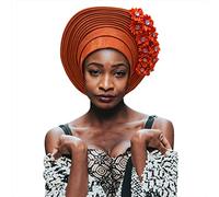 Serre-tête tendance Nigérian Gele avec pierres - Dentelle perlée - Pour femme - Pour fête - Orange
