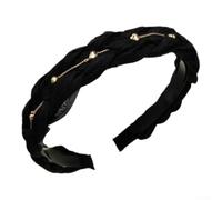 Serre-tête torsadé avec dents sécurisées et chaîne de perles dorées décoratives pour coiffures tendance (Noir)