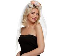 Serre-tête voile avec fleurs Accessoire d'enterrement de vie de jeune fille blanc-rose-doré